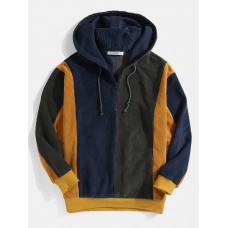 Mens Retro Colorblock Stitching Corduroy Drawstring Pullover Hoodies