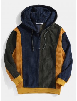 Mens Retro Colorblock Stitching Corduroy Drawstring Pullover Hoodies
