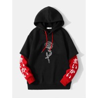 Mens Splicing False Two Rose Printing Japanese Letter Hoodies