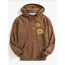 Mens Sunflower Embroidery Pattern Kangaroo Pocket Long Sleeve Hoodies