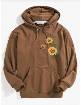 Mens Sunflower Embroidery Pattern Kangaroo Pocket Long Sleeve Hoodies