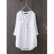 100% Cotton O-Neck High Low Front Pockets Casual Loose Shirt For Women