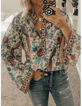 Ethnic Floral Print V Neck Long Sleeved Bohemian Shirts For Women