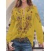 Ethnic Style Print Round Neck Long Sleeve Bohemia Button Blouse For Women