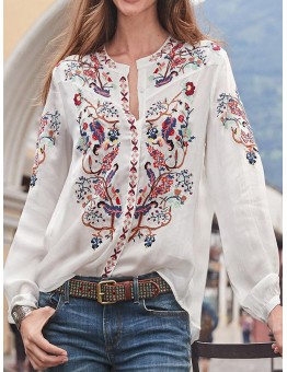 Ethnic Style Print Round Neck Long Sleeve Bohemia Button Blouse For Women