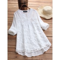 Floral Embroidery V-neck Long Sleeve Irregular Vintage Blouse