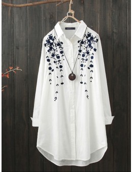 Print Lapel Collar High Low Hem White Long Sleeve Button Casual Shirts For Women