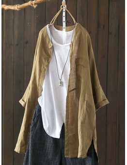 S-5XL Women Long Sleeve Button Down Cotton Asymmetric Vintage Blouse