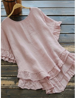 Solid Color O-neck Ruffle Sleeve Plain Casual Blouse For Women