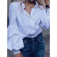 Solid Color Turn-down Collar Long Puffs Sleeve Blouse For Women