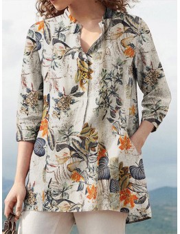 Women 100% Cotton V-Neck Floral Top Vintage Button Cuffs Three Quarter Sleeve Shirt