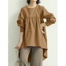 Women Puff Sleeve Loose Pleated Spliced Solid Back Button Casual Shirts
