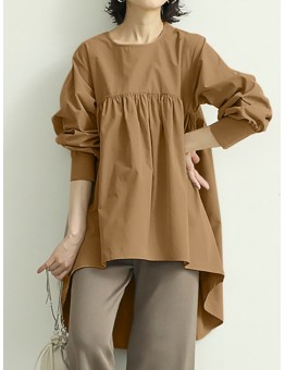 Women Puff Sleeve Loose Pleated Spliced Solid Back Button Casual Shirts