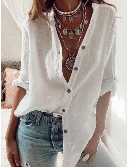 Women Simple Solid Color Long Sleeve Button Casual Shirt