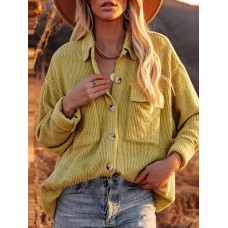 Women Solid Corduroy Button Chest Pocket Long Sleeve Casual Shirt