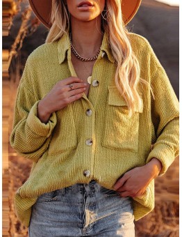 Women Solid Corduroy Button Chest Pocket Long Sleeve Casual Shirt