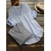 Women Stripe V-neck Buttons 3/4 Fold Sleeve Irregular Blouse